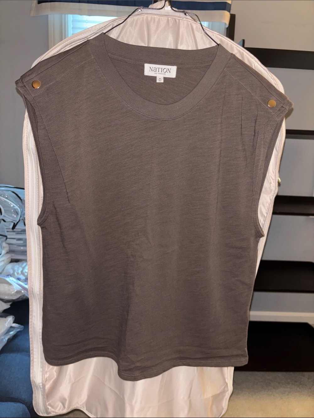 Charcoal Sleeveless Crewneck Tank with Shoulder Snap Detail